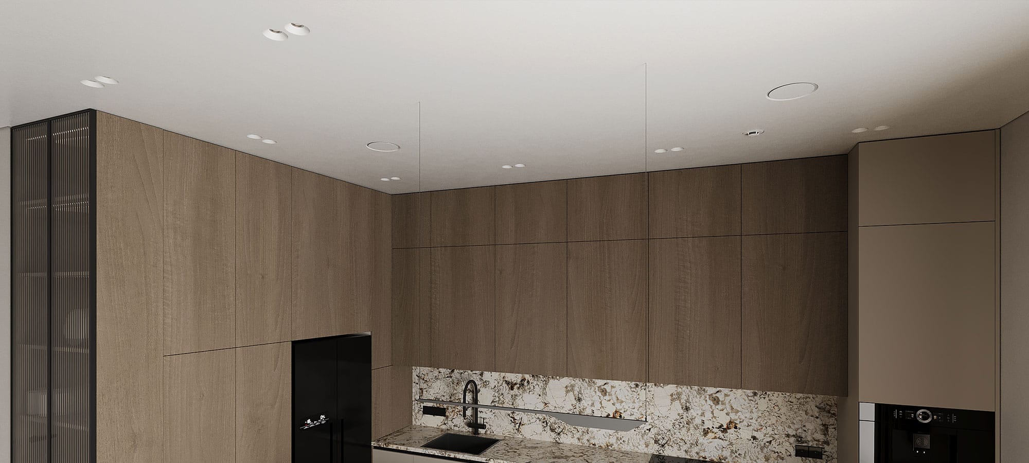 Conceiling frameless air diffusers and recessed spotlights integrated into a modern stretch ceiling